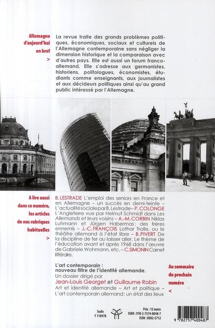 Quatrième de couverture de « ALLEMAGNE D'AUJOURD'HUI, N 185/JUIL.-SEPT. 2008. VOLKER BRAUN ET LE R OMAN DE HINZE ET KUNZE. »