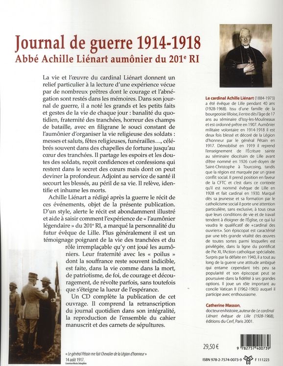 Quatrième de couverture de « JOURNAL DE GUERRE 1914-1918ABBE ACHILLE LIENART AUMONIER DU 201E RI - ACCOMPAGNE D''UN CD AVEC LE JO »