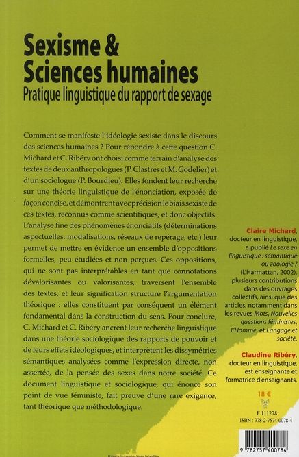 Quatrième de couverture de « SEXISME ET SCIENCES HUMAINES - PRATIQUE LINGUISTIQUE DU RAPPORT DE SEXAGE »