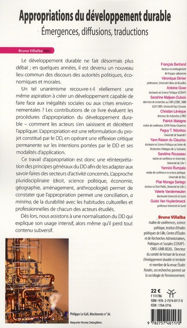 Quatrième de couverture de « APPROPRIATIONS DU DEVELOPPEMENT DURABLE - EMERGENCES, DIFFUSIONS, TRADUCTIONS »