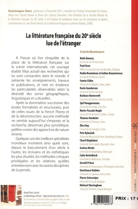Quatrième de couverture de « LA LITTERATURE FRANCAISE DU 20E SIECLE LUE DE L''ETRANGER »
