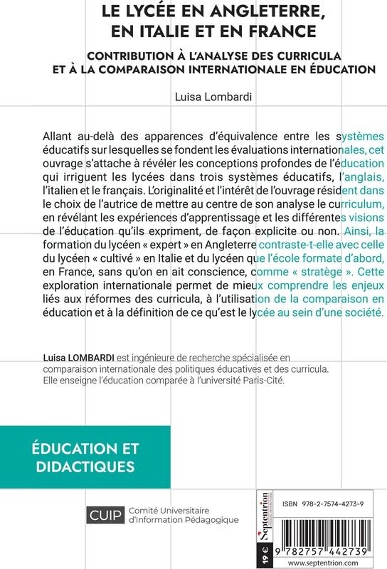 Quatrième de couverture de « Le lycée en Angleterre, en Italie et en France : contribution à l'analyse des curricula et à la comparaison internationale en éducation »
