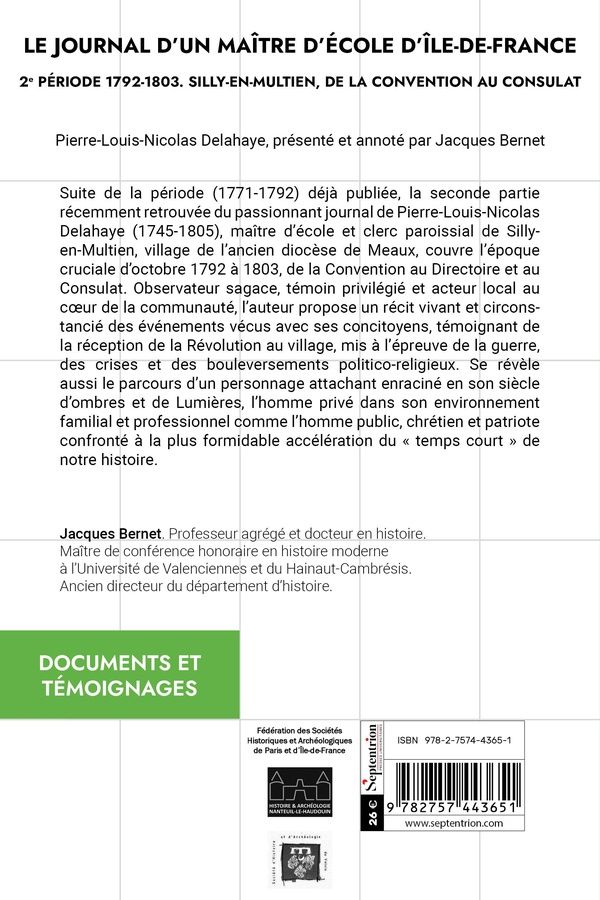 Quatrième de couverture de « Le journal d'un maître d'école d'Île-de-France : Silly-en-Multien, de la Convention au Consulat »