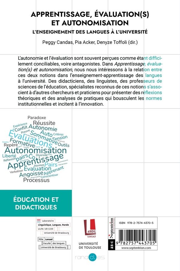 Quatrième de couverture de « Apprentissage, évaluation(s) et autonomisation : l'enseignement des langues à l'université »