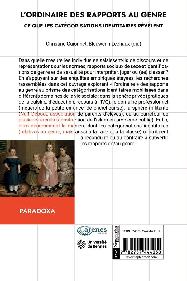 Quatrième de couverture de « L'ordinaire des rapports au genre : ce que les catégorisations identitaires révèlent »