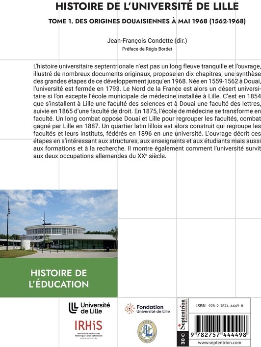 Quatrième de couverture de « Histoire de l'Université de Lille »