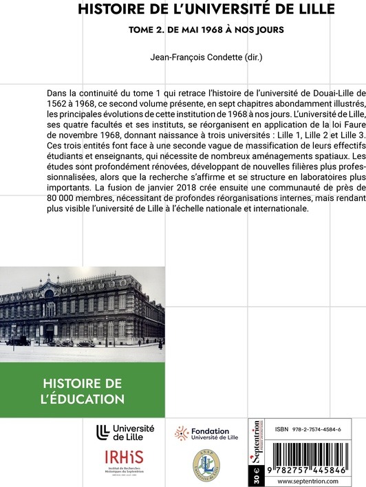 Quatrième de couverture de « Histoire de l'Université de Lille »