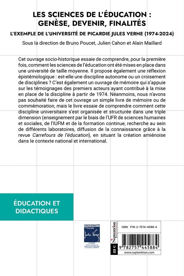 Quatrième de couverture de « Les sciences de l'éducation : genèse, devenir, finalités »