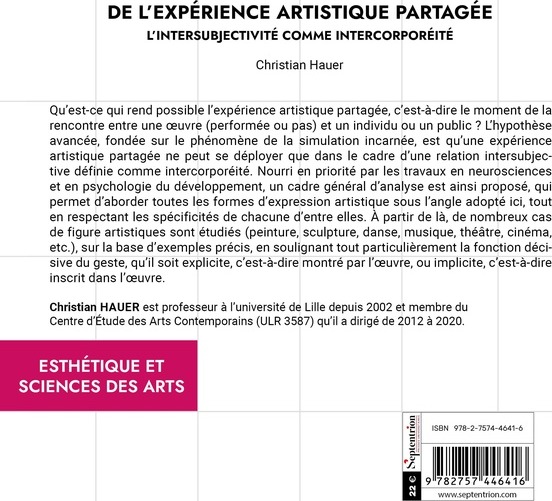 Quatrième de couverture de « De l'expérience artistique partagée : L'intersubjectivité comme intercorporéité »