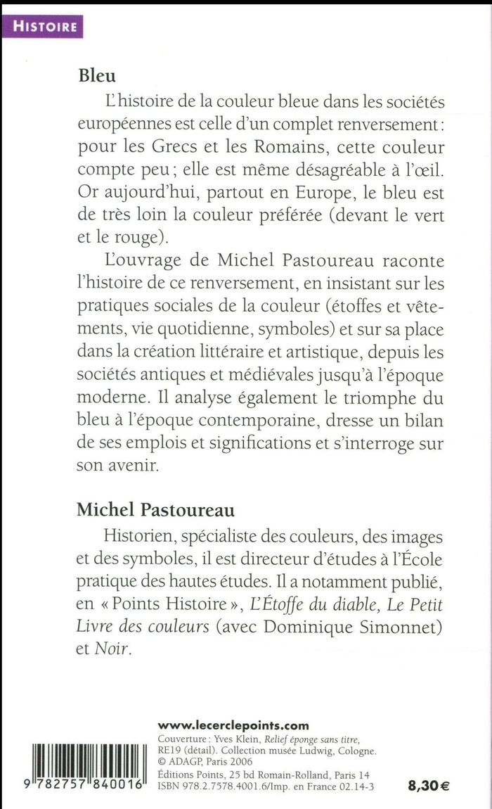 Quatrième de couverture de « Bleu : histoire d'une couleur »