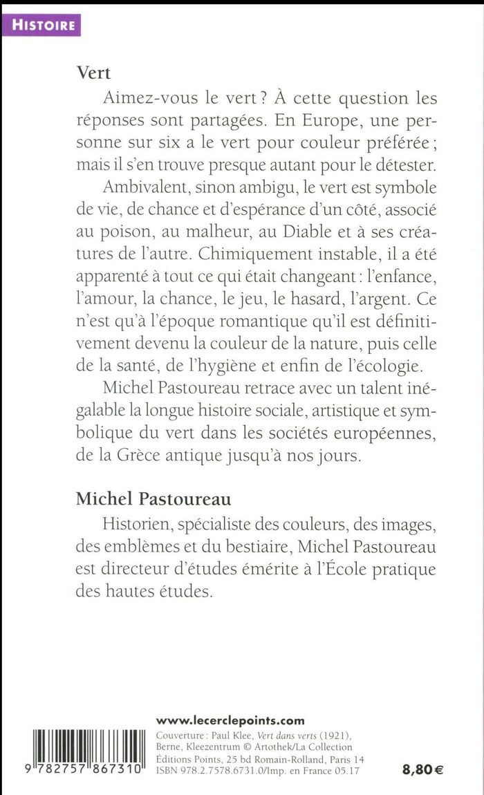Quatrième de couverture de « Vert : histoire d'une couleur »