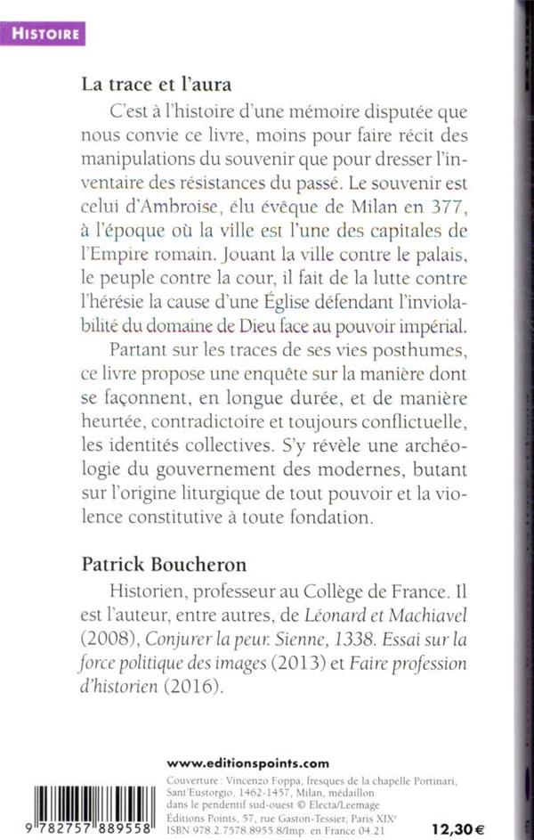 Quatrième de couverture de « La trace et l'aura : vies posthumes d'Ambroise de Milan, IVe-XVIe siècle »