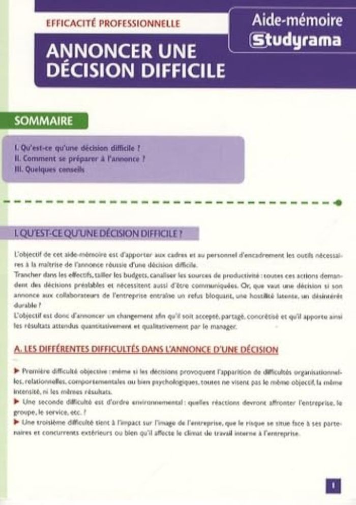 Couverture du livre « ANNONCER UNE DECISION DIFFICILE - AIDE-MEMOIRE », librairie Les Contes Infusés à Corte