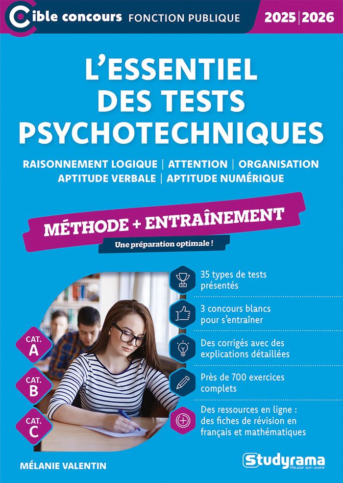 Couverture du livre « L'essentiel des tests psychotechniques : méthode + entraînement » de Mélanie Valentin, librairie Les Contes Infusés à Corte