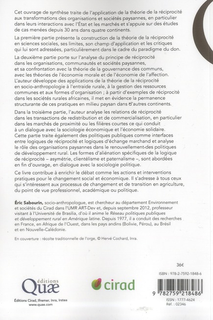 Quatrième de couverture de « ORGANISATIONS ET SOCIETES PAYSANNES - UNE LECTURE PAR LA RECIPROCITE. »
