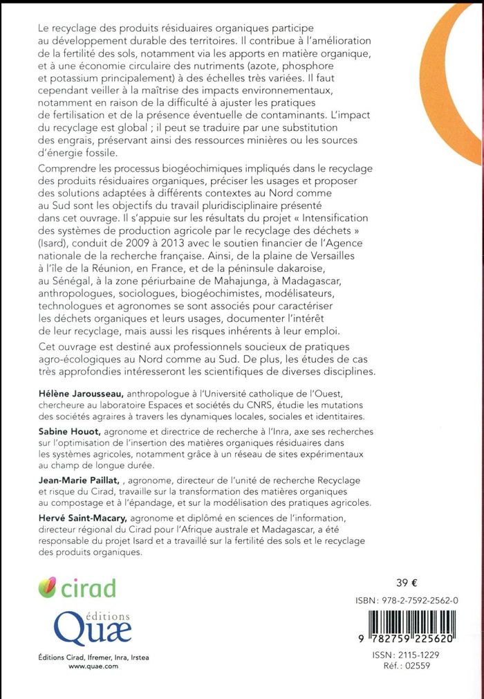 Quatrième de couverture de « LE RECYCLAGE DES RESIDUS ORGANIQUES - REGARDS CROISES SUR UNE PRATIQUE AGRO-ECOLOGIQUE »