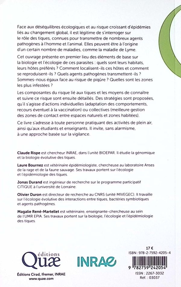 Quatrième de couverture de « Tiques et santé : biologie, maladies, maîtrise du risque »