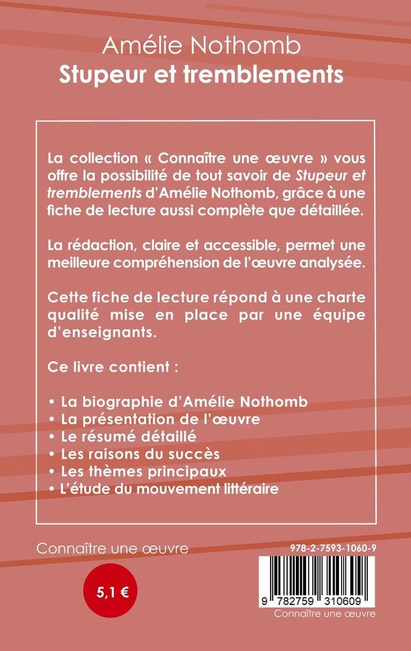 Quatrième de couverture de « FICHE DE LECTURE STUPEUR ET TREMBLEMENTS DE AMELIE NOTHOMB (ANALYSE LITTERAIRE DE REFERENCE ET RESUM »
