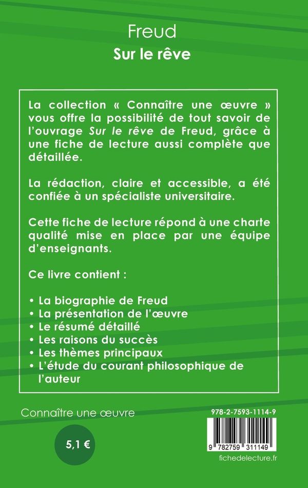 Quatrième de couverture de « FICHE DE LECTURE SUR LE REVE DE FREUD (ANALYSE LITTERAIRE DE REFERENCE ET RESUME COMPLET) »