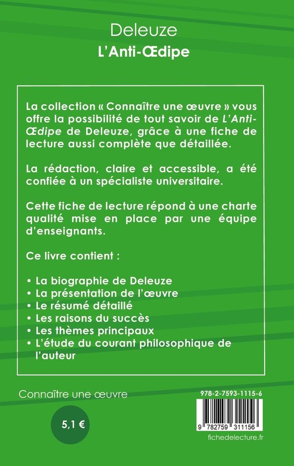 Quatrième de couverture de « FICHE DE LECTURE L'ANTI-OEDIPE DE DELEUZE (ANALYSE LITTERAIRE DE REFERENCE ET RESUME COMPLET) »