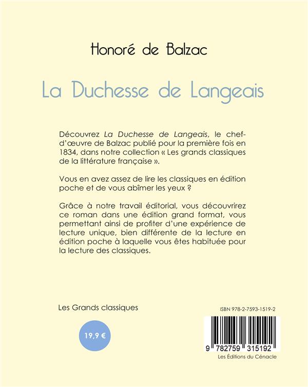 Quatrième de couverture de « La duchesse de Langeais »