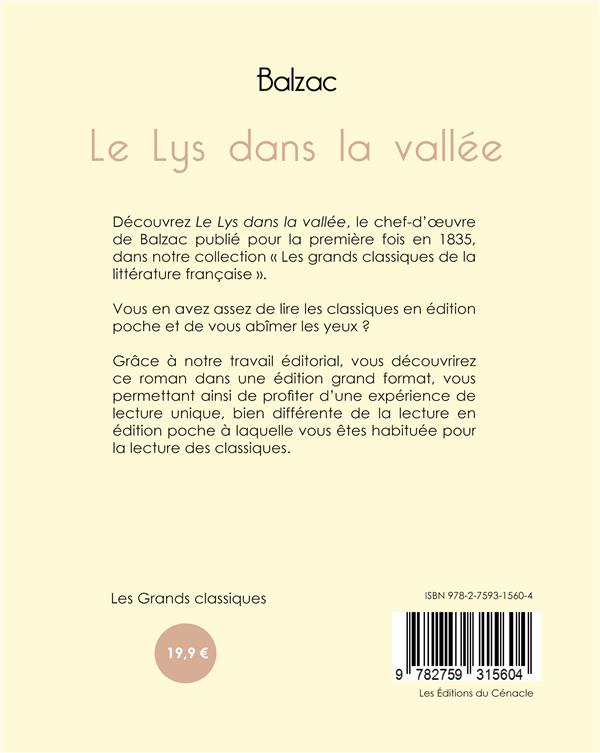 Quatrième de couverture de « Le lys dans la vallée »