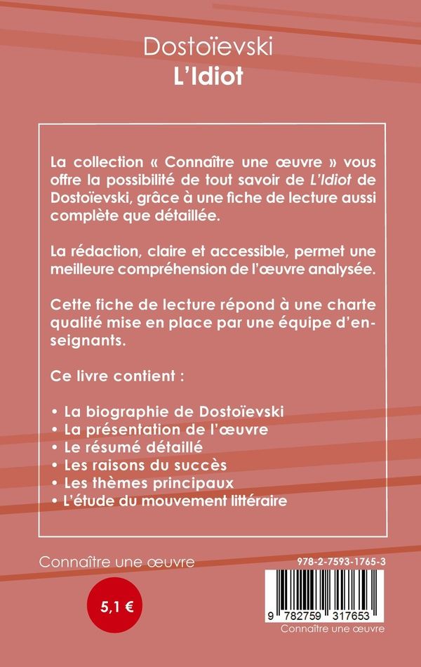 Quatrième de couverture de « FICHE DE LECTURE L'IDIOT (ANALYSE LITTERAIRE DE REFERENCE ET RESUME COMPLET) »