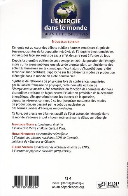 Quatrième de couverture de « ENERGIE DANS LE MONDE (NELLE ED) »