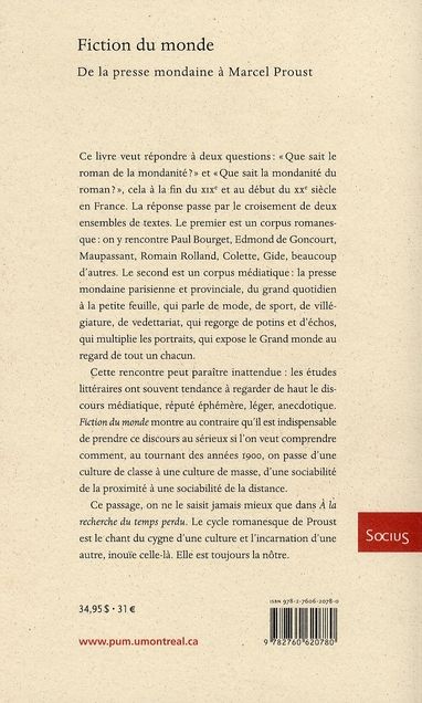 Quatrième de couverture de « FICTION DU MONDE - DE LA PRESSE MONDAINE A MARCEL PROUST »