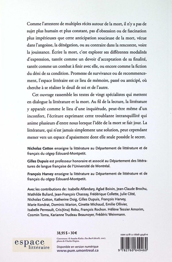 Quatrième de couverture de « Thanatographies : (re)penser la mort en littérature »