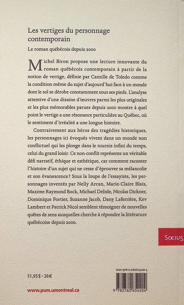 Quatrième de couverture de « Les vertiges du personnage contemporain : le roman québécois depuis 2000 »