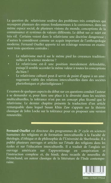 Quatrième de couverture de « ESSAIS SUR LE RELATIVISME ET LA TOLERANCE »