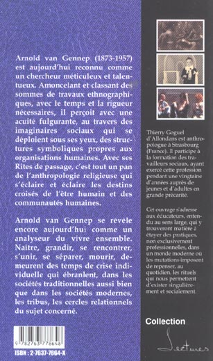 Quatrième de couverture de « RITES DE PASSAGE, RITES D'INITIATION. LECTURE D'ARNOLD VAN GENNEP »