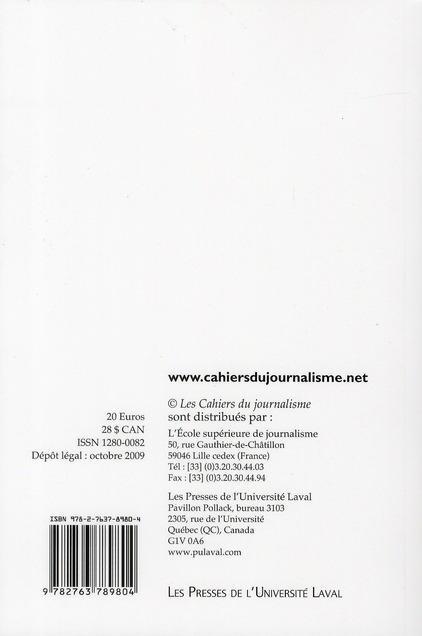 Quatrième de couverture de « LES CAHIERS DU JOURNALISME V 20 L'ECONOMIE DU JOURNALISME »