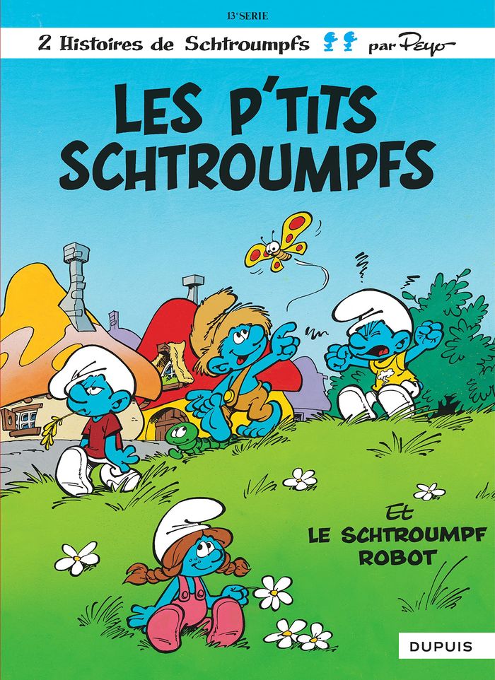 Couverture du livre « LES SCHTROUMPFS - TOME 13 - LES P'TITS SCHTROUMPFS » de Peyo, librairie Les Contes Infusés à Corte
