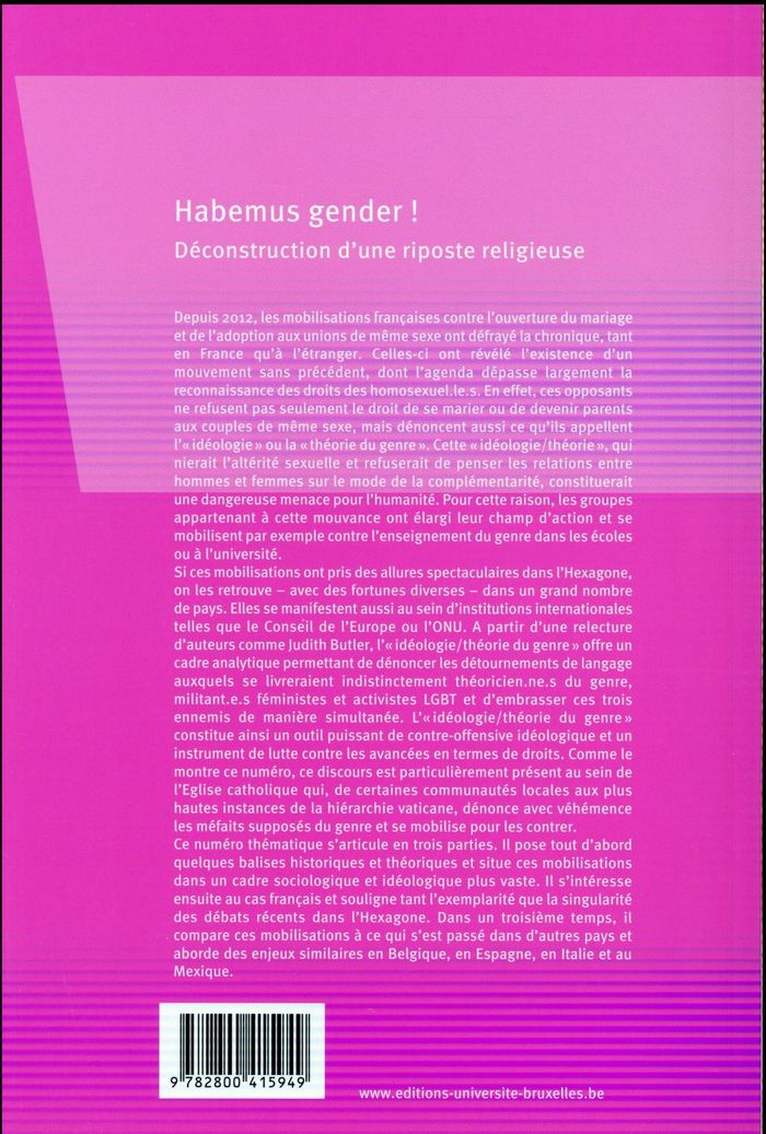 Quatrième de couverture de « HABEMUS GENDER ! - DECONSTRUCTION D'UNE RIPOSTE RELIGIEUSE »