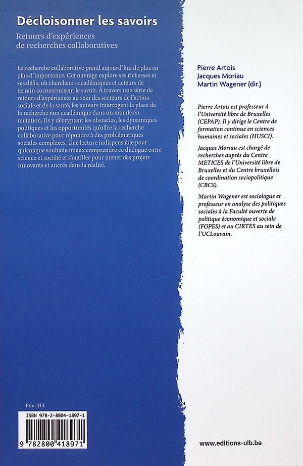 Quatrième de couverture de « Décloisonner les savoirs : retours d'expériences de recherches collaboratives »