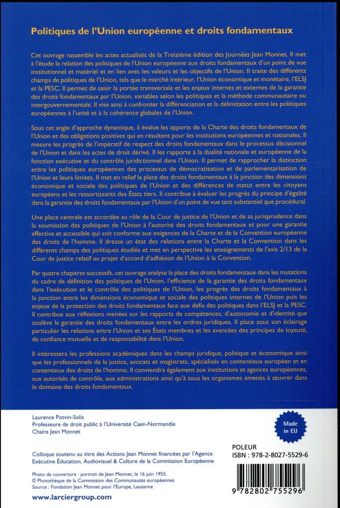 Quatrième de couverture de « POLITIQUES DE L'UNION EUROPEENNE ET DROITS FONDAMENTAUX »