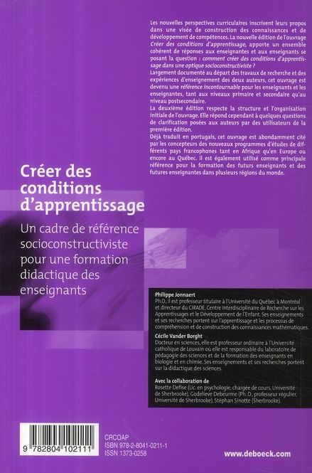 Quatrième de couverture de « CREER DES CONDITIONS D'APPRENTISSAGE - UN CADRE DE REFERENCE SOCIOCONSTRUCTIVISTE POUR UNE FORMATION »