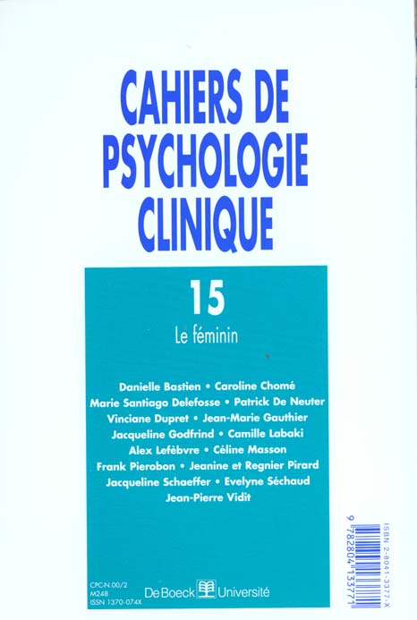 Quatrième de couverture de « CAHIERS DE PSYCHOLOGIE CLINIQUE 2000/2 N.15 »