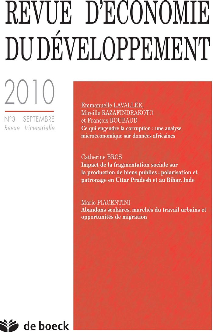 Couverture du livre « REVUE D'ECONOMIE DU DEVELOPPEMENT 2010/3 » de Xxx, librairie Les Contes Infusés à Corte