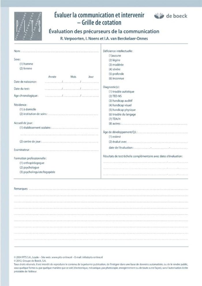 Couverture du livre « EVALUER LA COMMUNICATION ET INTERVENIR : FORMULAIRE D'EVALUATION - PACK DE 25 FORMULAIRES » de Noens/verpoorten, librairie Les Contes Infusés à Corte