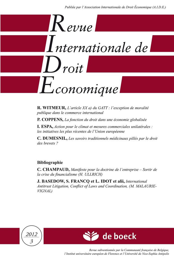 Couverture du livre « REVUE INTERNATIONALE DE DROIT ECONOMIQUE 2012/3 » de Xxx, librairie Les Contes Infusés à Corte
