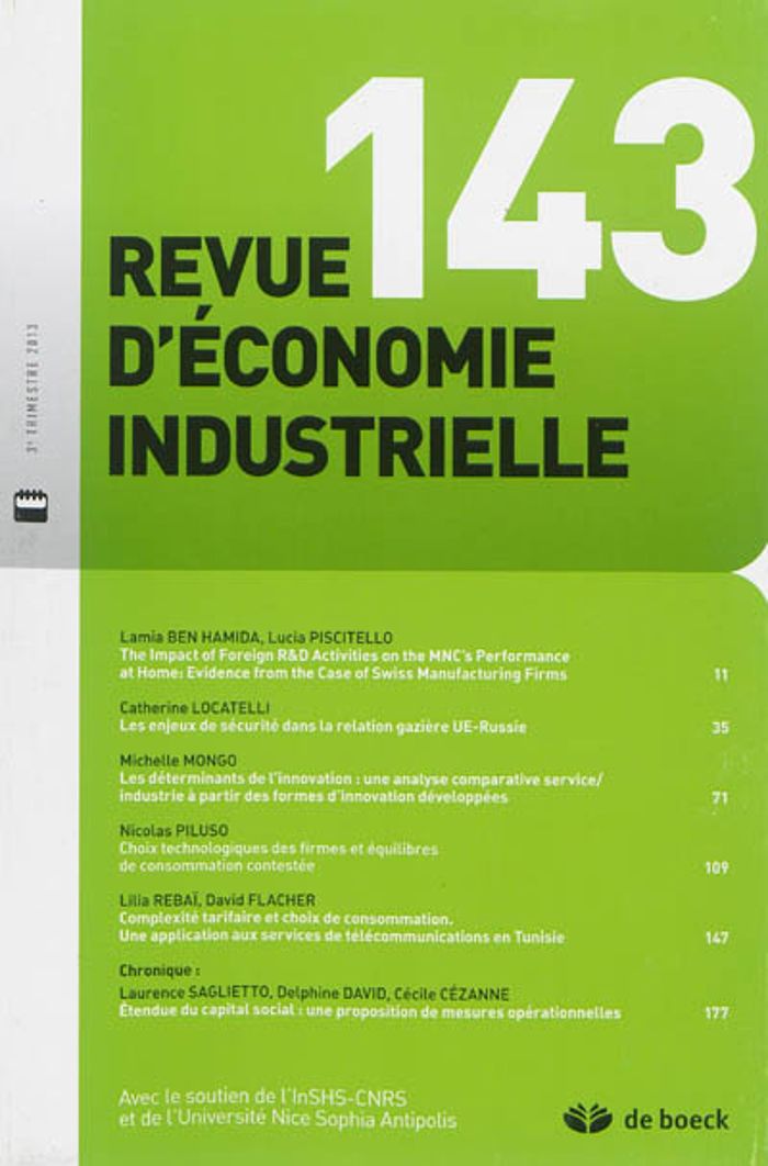 Couverture du livre « REVUE D'ECONOMIE INDUSTRIELLE N.143 2013/3 », librairie Les Contes Infusés à Corte