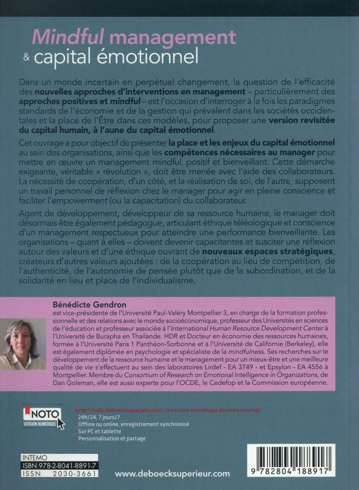 Quatrième de couverture de « MINDFUL MANAGEMENT ET CAPITAL EMOTIONNEL - L'HUMAIN AU COEUR D'UNE PERFORMANCE ET D'UNE ECONOMIE BIE »