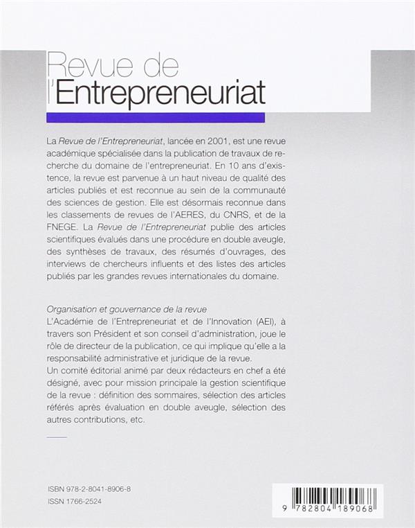 Quatrième de couverture de « REVUE DE L'ENTREPRENEURIAT 2013/4 VOLUME 12 »