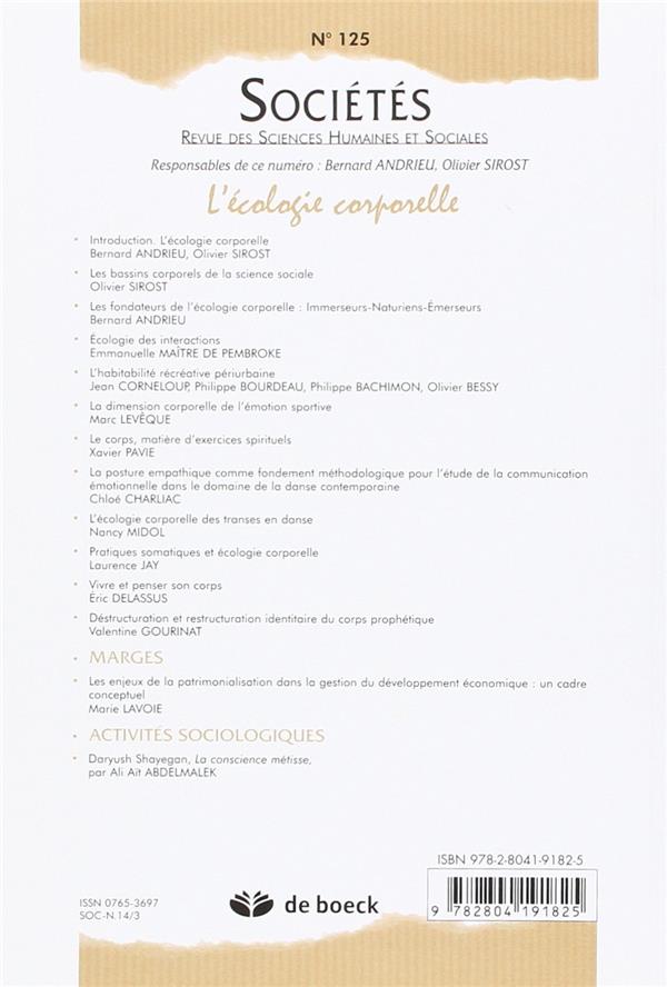 Quatrième de couverture de « SOCIETES 2014/3 N.125 L'ECOLOGIE CORPORELLE »