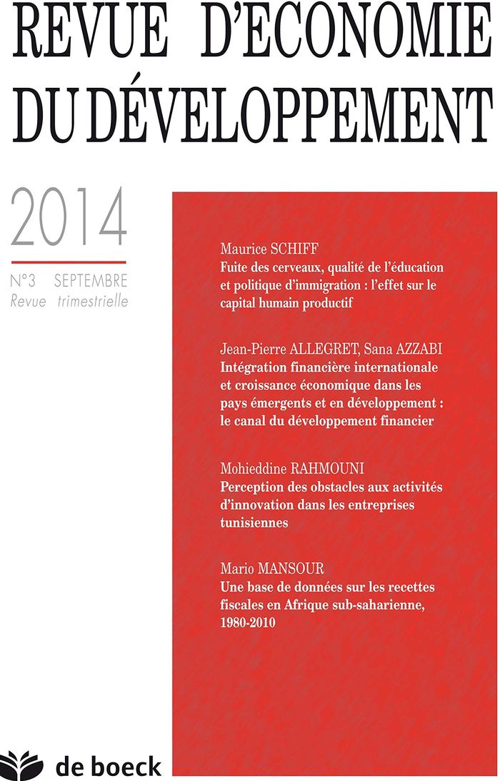 Couverture du livre « REVUE D'ECONOMIE DU DEVELOPPEMENT 2014/3 » de Xxx, librairie Les Contes Infusés à Corte
