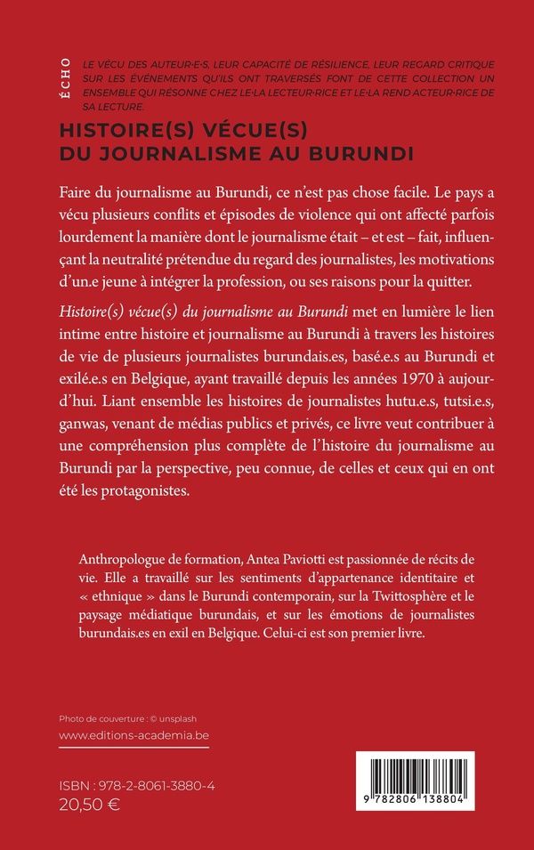 Quatrième de couverture de « Histoire(s) vécue(s) du journalisme au Burundi »