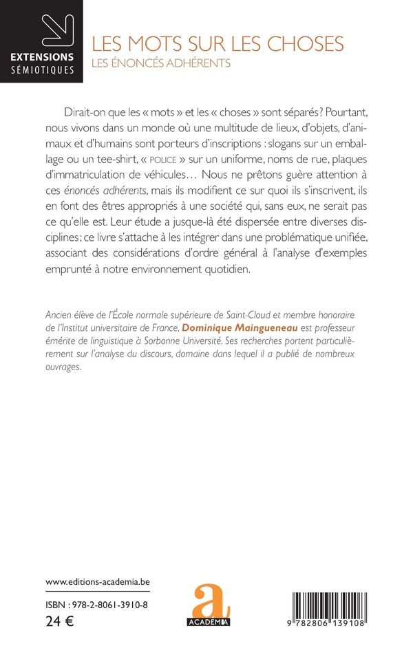 Quatrième de couverture de « Les mots sur les choses : les énoncés adhérents »